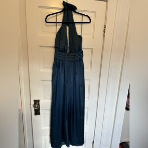 Blue satin backless jumpsuit